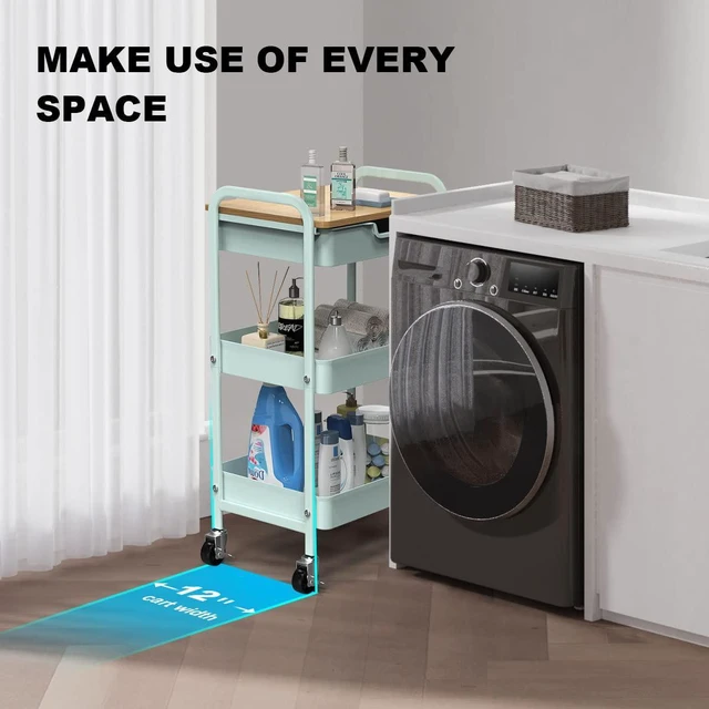 Alt view image 7 of 7 - 3 Tier Rolling Cart, Utility Cart with Drawer& Table Top, Mint Green Metal Rolling Kitchen Storage Organizer Cart with Locking Wheels for Bathroom, Office, Balcony, Living Room, Classroom