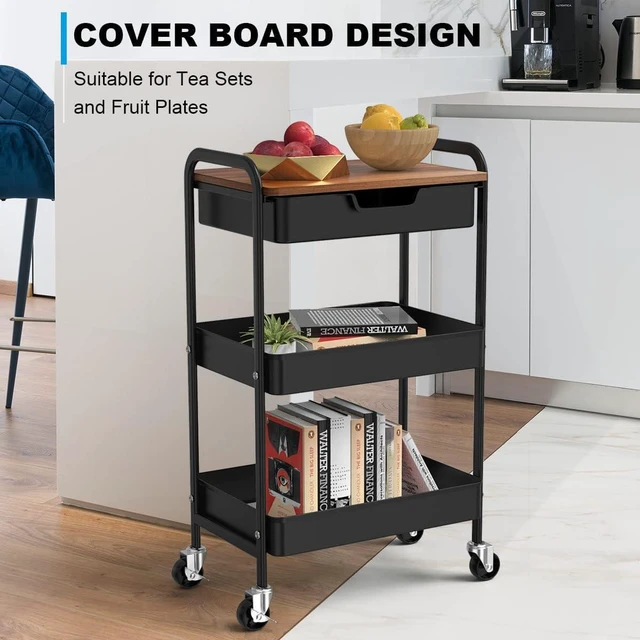 Alt view image 4 of 7 - 3 Tier Rolling Cart with Drawer, Metal Utility Cart with Table Top Storage Cart with Locking Wheels, Kitchen Cart Art Cart Organizer for Bathroom, Office, Balcony, Living Room, Classroom