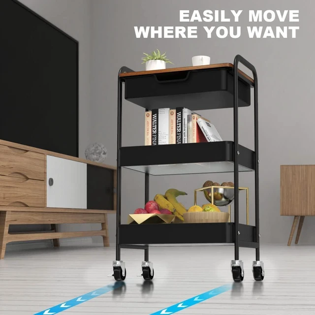 Alt view image 5 of 7 - 3 Tier Rolling Cart with Drawer, Metal Utility Cart with Table Top Storage Cart with Locking Wheels, Kitchen Cart Art Cart Organizer for Bathroom, Office, Balcony, Living Room, Classroom