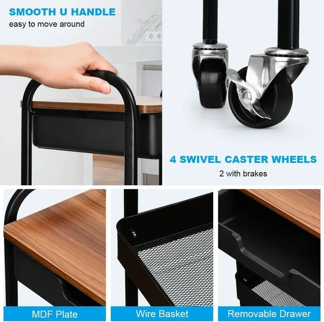 Alt view image 6 of 7 - 3 Tier Rolling Cart with Drawer, Metal Utility Cart with Table Top Storage Cart with Locking Wheels, Kitchen Cart Art Cart Organizer for Bathroom, Office, Balcony, Living Room, Classroom