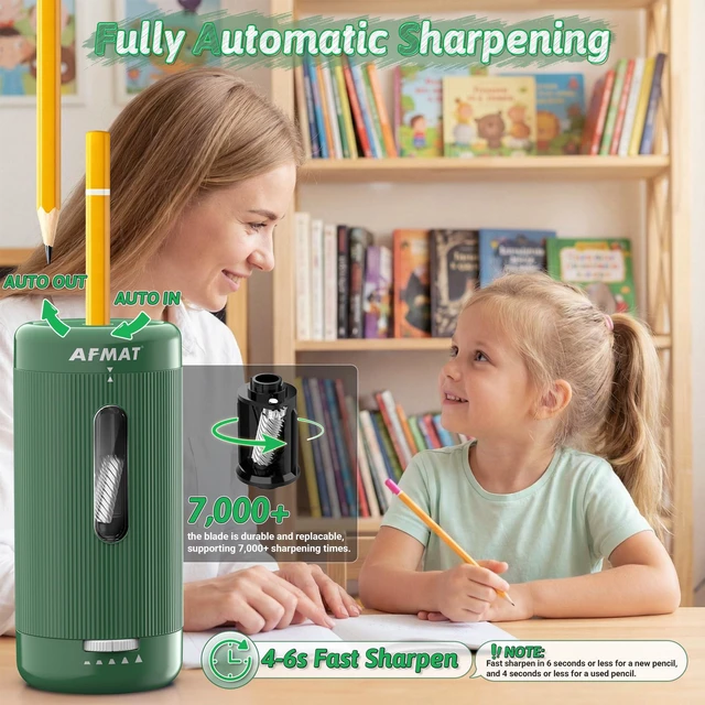 Alt view image 2 of 7 - Electric Pencil Sharpener, Auto in & Out, 5 Nibs, 7K+ Uses, Fully Automatic Pencil Sharpener for Classroom, Rechargeable Hands-Free Sharpeners for Jumbo/Colored Pencils (6.5-12mm) PSC3(Green)