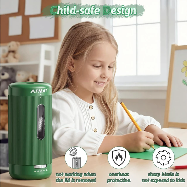 Alt view image 7 of 7 - Electric Pencil Sharpener, Auto in & Out, 5 Nibs, 7K+ Uses, Fully Automatic Pencil Sharpener for Classroom, Rechargeable Hands-Free Sharpeners for Jumbo/Colored Pencils (6.5-12mm) PSC3(Green)