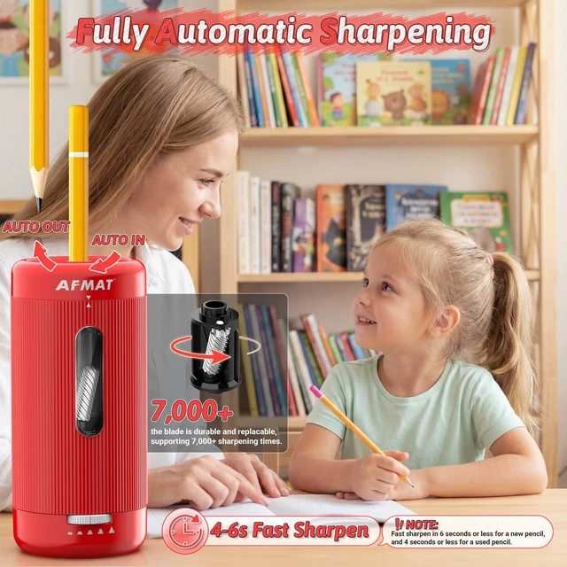 Alt view image 2 of 7 - Electric Pencil Sharpener, Auto in & Out, 5 Nibs, 7K+ Uses, Fully Automatic Pencil Sharpener for Classroom, Rechargeable Hands-Free Sharpeners for Jumbo/Colored Pencils (6.5-12mm) PSC3(Red)