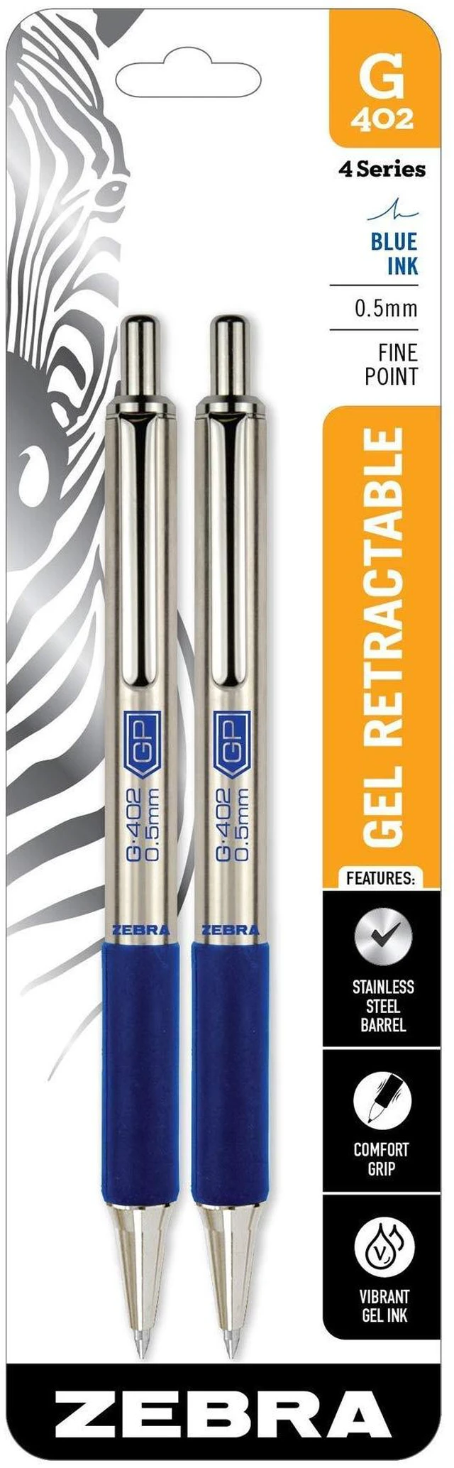 Main image of STEEL G-402 Retractable Gel Pen, Blue Ink, 0.5mm, 2-Pack Stainless Steel Weighted Barrel, Comfort Grip, Easy-Glide Smooth, Skipless Ink, Fine Point, School & Office Supplies (49922)