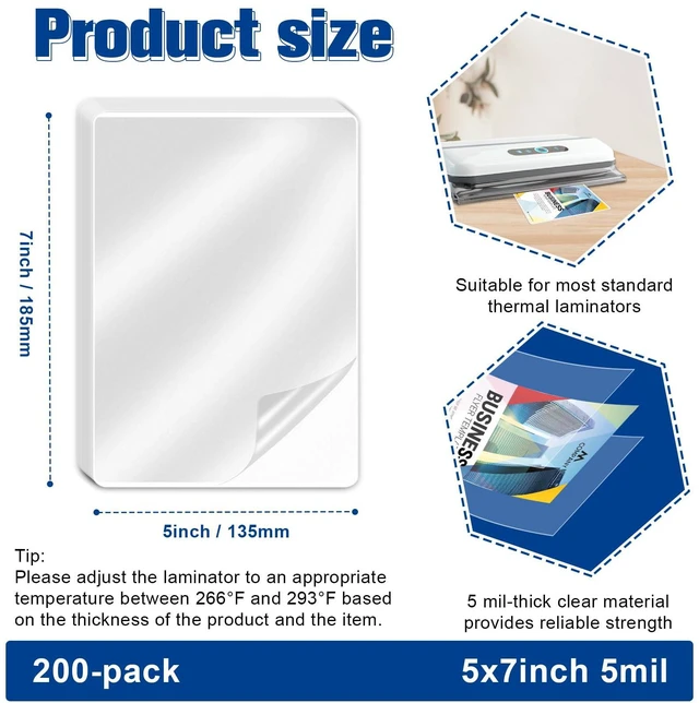 Alt view image 2 of 7 - 200 Pack 5mil 5x7" Thermal Laminating Pouches Badge Laminate Pouches Clear Laminated Luggage Tags Printable Laminator Pouches for Business Permits Cards (200, 5.3"x7.3"-5mil)