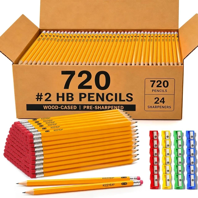 Main image of Pre-Sharpened Pencils Bulk Wood-Cased #2 HB Pencils 720 Count 24 Sharpeners Pencils Bulk, Classroom Use, Back to School Supplies, Writing Drawing Sketching, Yellow #2 HB Pencils with Erasers in Box