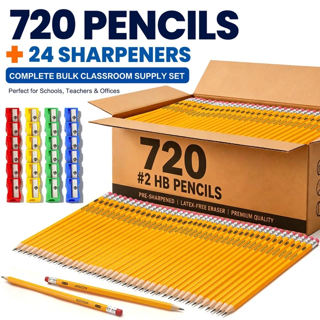 Alt view image 5 of 7 - Pre-Sharpened Pencils Bulk Wood-Cased #2 HB Pencils 720 Count 24 Sharpeners Pencils Bulk, Classroom Use, Back to School Supplies, Writing Drawing Sketching, Yellow #2 HB Pencils with Erasers in Box