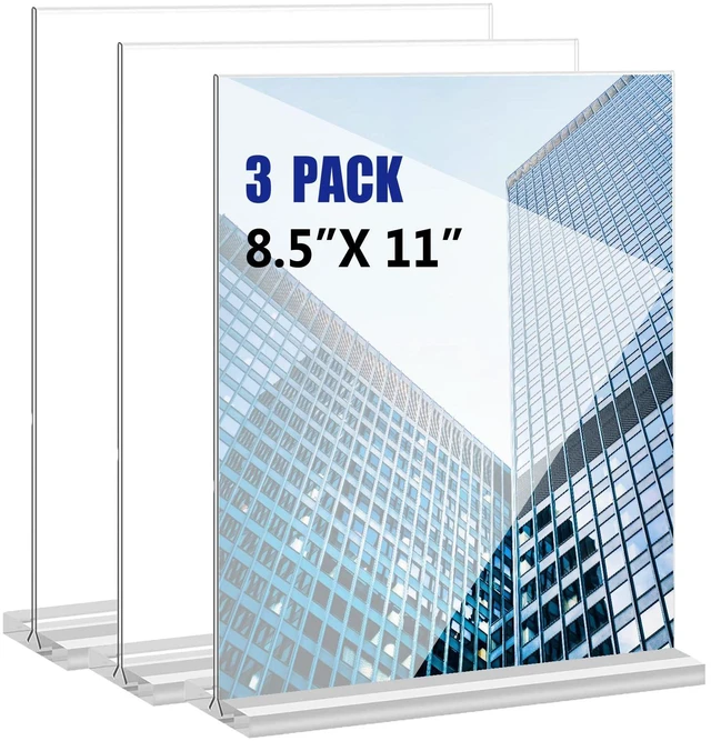 Main image of Acrylic Sign Holder 8.5x11 Inches 3 Pack T Shape Desktop Display Stand Vertical Double Sided Clear Table Menu Flyer Holder for Restaurants, Office, Shop, Wedding
