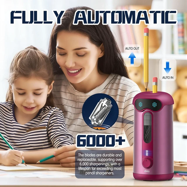 Alt view image 2 of 7 - Electric Pencil Sharpener, Fully Automatic Pencil Sharpener, Deep Pink for 7-11mm Colored/Jumbo Pencils, Auto in&Out, Rechargeable Hands-Free Pencil Sharpener for Classroom Home Office, Low Noise