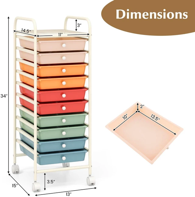 Alt view image 3 of 7 - Craft Organizers and Storage Cart - Rolling Cart with 10 Drawers, Lockable Casters for Tools, Trolley Cart with Wheels, Utility Cart for School, Home Office, Craft Cart (Macaron)