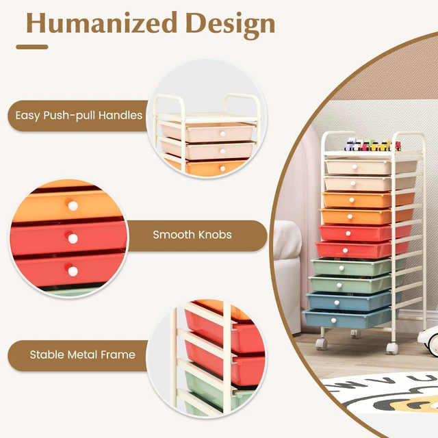 Alt view image 6 of 7 - Craft Organizers and Storage Cart - Rolling Cart with 10 Drawers, Lockable Casters for Tools, Trolley Cart with Wheels, Utility Cart for School, Home Office, Craft Cart (Macaron)