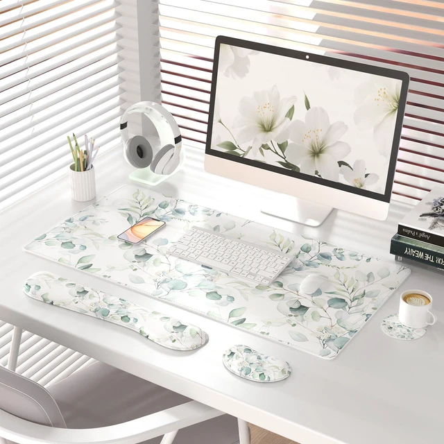 Alt view image 2 of 7 - PU Leather Desk Mat Set, 4-in-1 Ergonomic Wrist Rest, Eucalyptus Waterproof Large Mouse Pad 31.5×15.7 + Keyboard Wrist Rest + Mouse Wrist Support+Coaster, Non-Slip Office Gaming Accessories