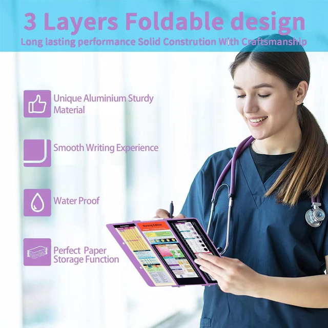 Alt view image 5 of 7 - Nursing Clipboard Foldable Pocket Size, Aluminum 3-Layer, Purple Nurse Clipboard with Pen Clip, Low Profile Clip, Medical Cheat Sheet, Fits Scrub Pockets for Nurses & Doctors