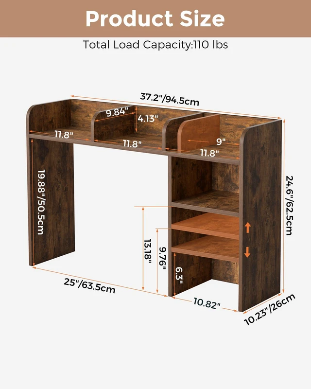 Alt view image 2 of 7 - Desktop Bookshelf, Countertop Storage Hutch with 5 Shelves for Computer Desk, Desk Organizer for Home Office Dorm, Dressing Tabletop, Bar Countertop, Rustic Brown EDS01R