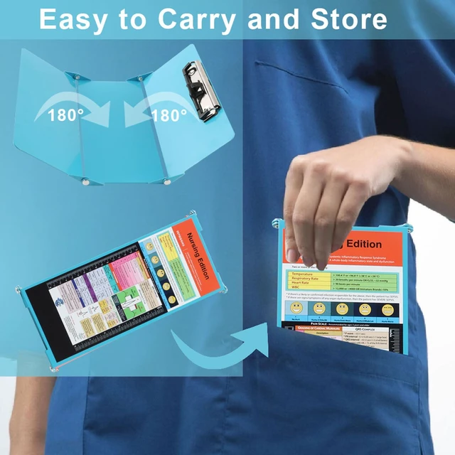 Alt view image 3 of 7 - Nursing Clipboard Foldable Pocket Size, Aluminum 3-Layer, Blue Nurse Clipboard with Pen Clip, Low Profile Clip, Medical Cheat Sheet, Fits Scrub Pockets for Nurses & Doctors