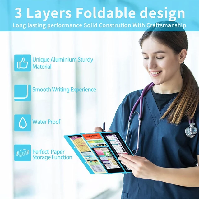 Alt view image 4 of 7 - Nursing Clipboard Foldable Pocket Size, Aluminum 3-Layer, Blue Nurse Clipboard with Pen Clip, Low Profile Clip, Medical Cheat Sheet, Fits Scrub Pockets for Nurses & Doctors