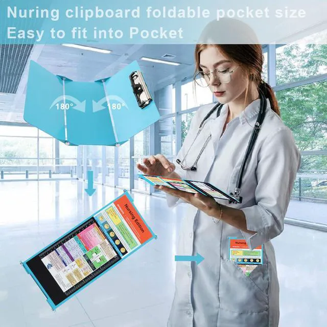 Alt view image 7 of 7 - Nursing Clipboard Foldable Pocket Size, Aluminum 3-Layer, Blue Nurse Clipboard with Pen Clip, Low Profile Clip, Medical Cheat Sheet, Fits Scrub Pockets for Nurses & Doctors