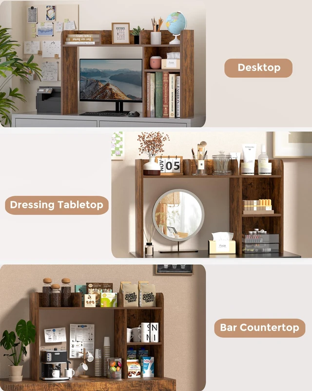Alt view image 7 of 7 - Desktop Bookshelf, Countertop Storage Hutch with 5 Shelves for Computer Desk, Desk Organizer for Home Office Dorm, Dressing Tabletop, Bar Countertop, Rustic Brown EDS01R
