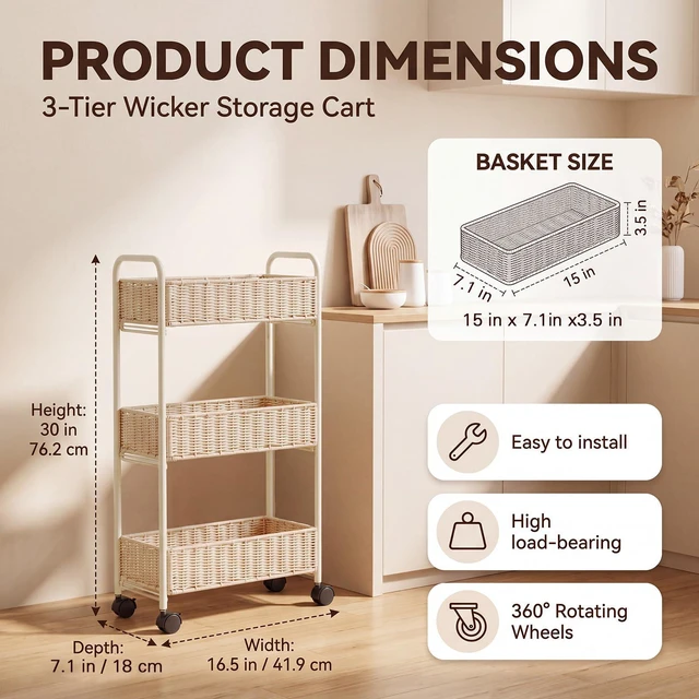 Alt view image 2 of 7 - Utility Slim Storage Cart,3-Tier Rolling Kitchen Office Laundry Room Cart with Wheels,Mobile Shelving Unit Organizer for Living Room,Bathroom, Baby Diaper,Art,Dining Room Narrow Places