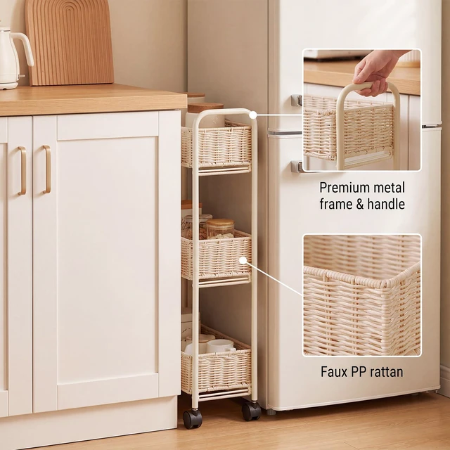 Alt view image 4 of 7 - Utility Slim Storage Cart,3-Tier Rolling Kitchen Office Laundry Room Cart with Wheels,Mobile Shelving Unit Organizer for Living Room,Bathroom, Baby Diaper,Art,Dining Room Narrow Places