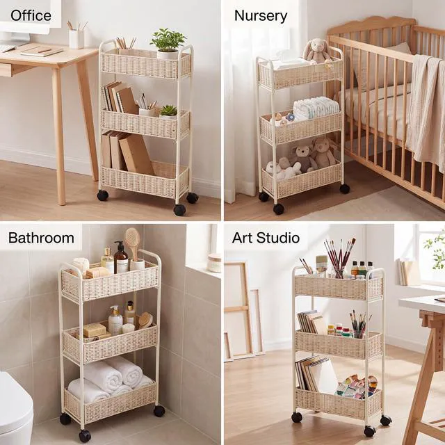 Alt view image 6 of 7 - Utility Slim Storage Cart,3-Tier Rolling Kitchen Office Laundry Room Cart with Wheels,Mobile Shelving Unit Organizer for Living Room,Bathroom, Baby Diaper,Art,Dining Room Narrow Places