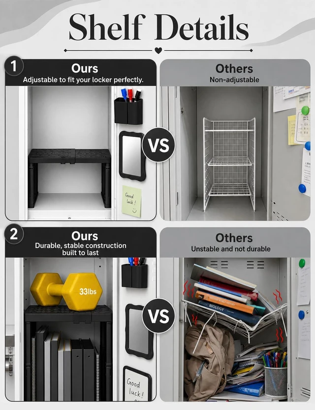 Alt view image 3 of 7 - 9PCS Locker Accessories for Girl, Locker Organizer, Adjustable Locker Shelf Sturdy Locker Shelf, Magnetic Whiteboard, Mirror, Pen Holder, Hooks & 3 Markers, Back to School Essentials Locker Decor