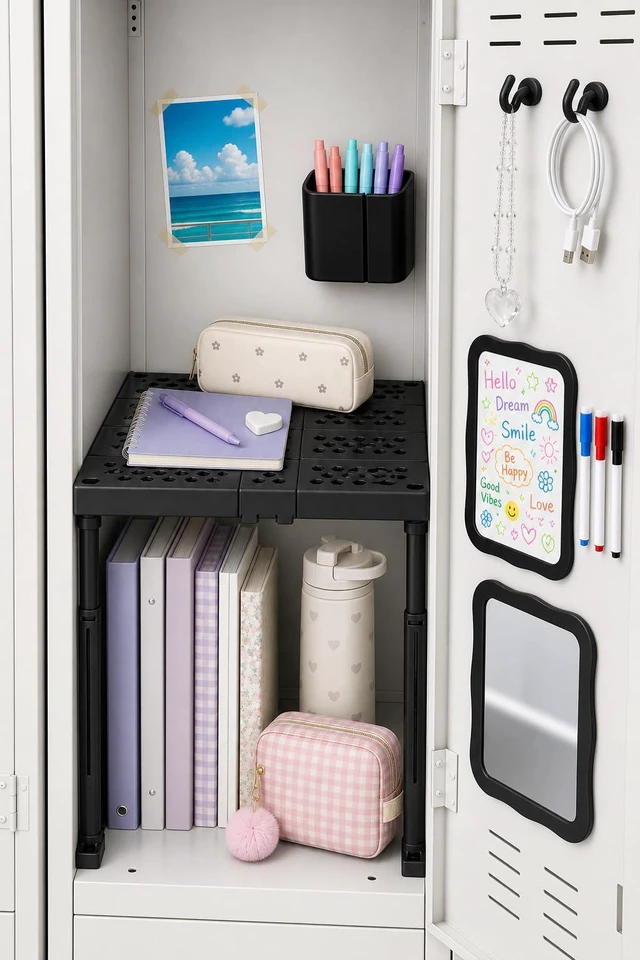 Alt view image 2 of 7 - 9PCS Locker Accessories for Girl, Locker Organizer, Adjustable Locker Shelf Sturdy Locker Shelf, Magnetic Whiteboard, Mirror, Pen Holder, Hooks & 3 Markers, Back to School Essentials Locker Decor
