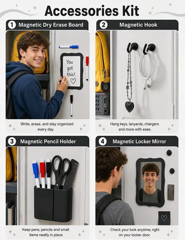 Alt view image 4 of 7 - 9PCS Locker Accessories for Girl, Locker Organizer, Adjustable Locker Shelf Sturdy Locker Shelf, Magnetic Whiteboard, Mirror, Pen Holder, Hooks & 3 Markers, Back to School Essentials Locker Decor