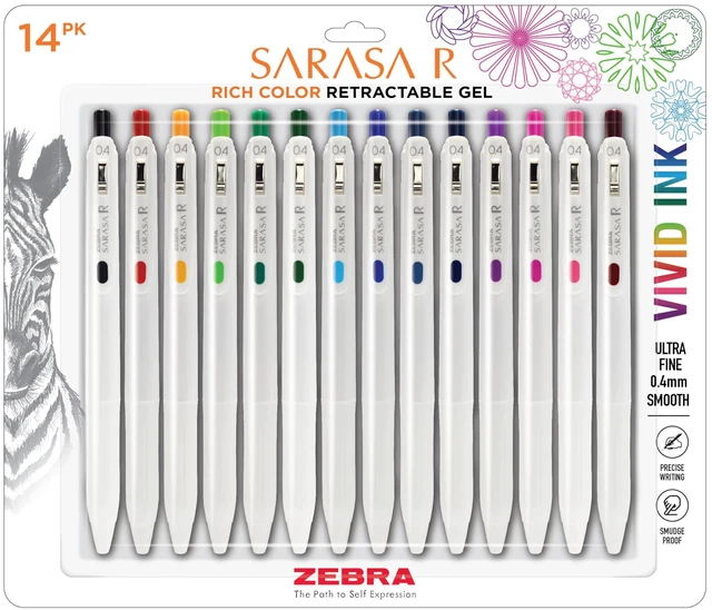 Main image of SARASA R Vivid Gel Retractable Pen, Assorted Ink, 0.4mm, 14-Pack Made in Japan, Quick-Drying Smear-Free Ink, Create Deep, Saturated Colors and Smooth Gel Lines, Fine Point Tip (47714)