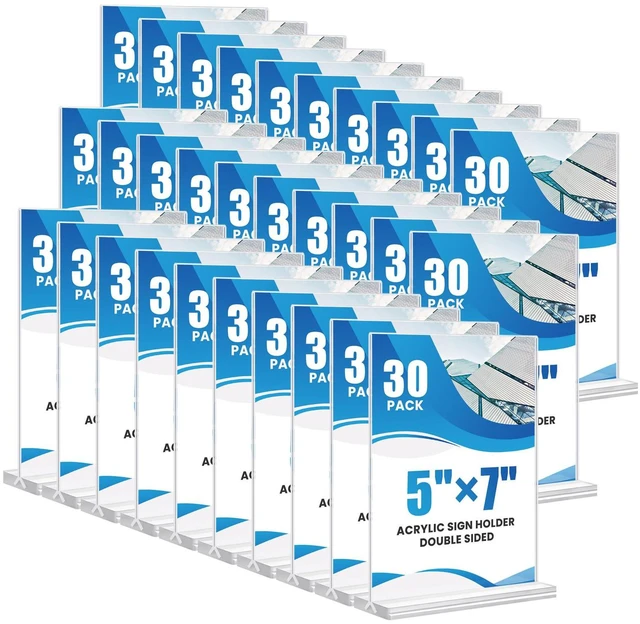 Main image of 30 Pack Acrylic Sign Holder 5x7, Clear Double Sided Tabletop Menu Display, Desktop Flyer Stand with Vertical Base, Plastic Paper Picture Frame Holder Suitable for Restaurants Office Store Show Fair