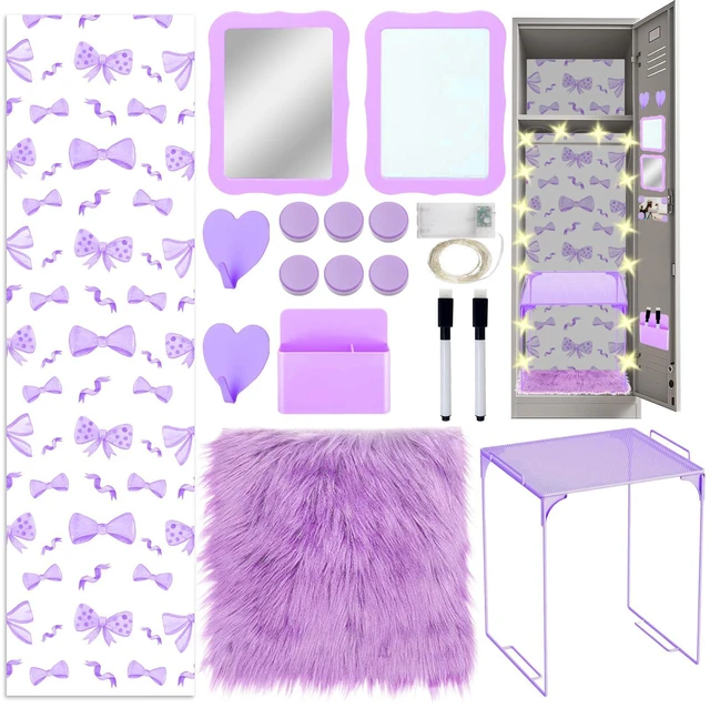 Main image of 16 Pcs Locker Accessories Kit Purple Locker Organizer Decorations Include Bow Wallpaper String Light Magnetic Whiteboard Mirror Storage Cup Marker Rug Organizing Shelf for Back to School Supply