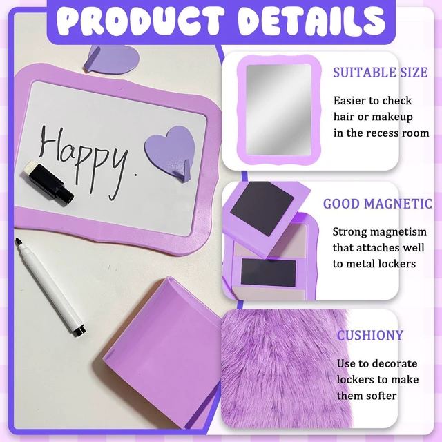Alt view image 3 of 7 - 16 Pcs Locker Accessories Kit Purple Locker Organizer Decorations Include Bow Wallpaper String Light Magnetic Whiteboard Mirror Storage Cup Marker Rug Organizing Shelf for Back to School Supply