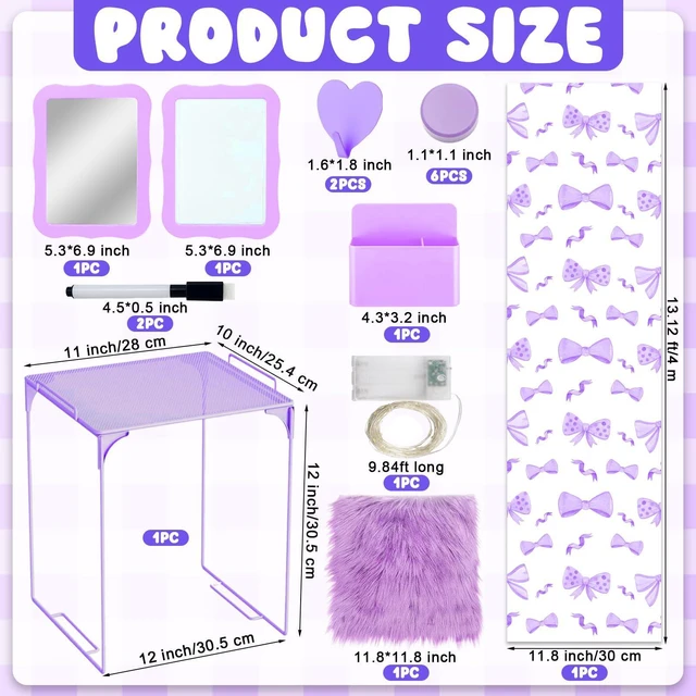 Alt view image 2 of 7 - 16 Pcs Locker Accessories Kit Purple Locker Organizer Decorations Include Bow Wallpaper String Light Magnetic Whiteboard Mirror Storage Cup Marker Rug Organizing Shelf for Back to School Supply