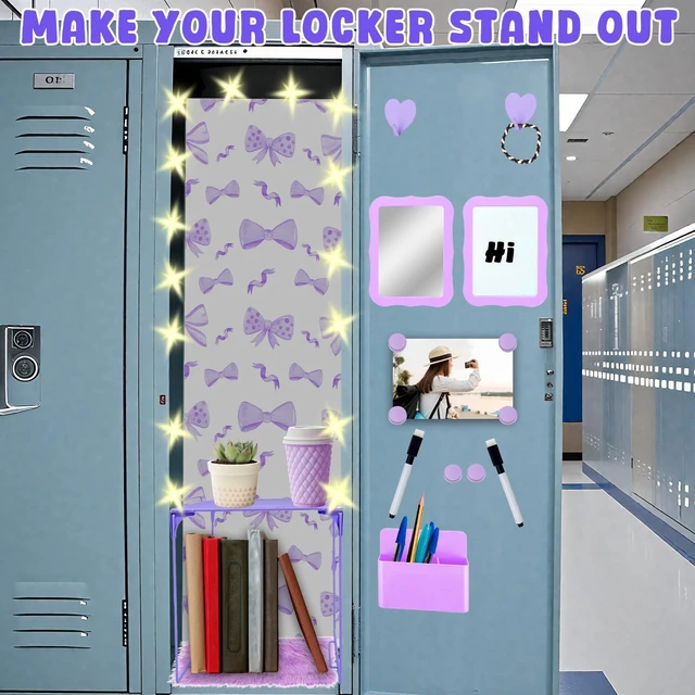 Alt view image 5 of 7 - 16 Pcs Locker Accessories Kit Purple Locker Organizer Decorations Include Bow Wallpaper String Light Magnetic Whiteboard Mirror Storage Cup Marker Rug Organizing Shelf for Back to School Supply