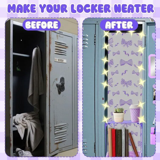 Alt view image 7 of 7 - 16 Pcs Locker Accessories Kit Purple Locker Organizer Decorations Include Bow Wallpaper String Light Magnetic Whiteboard Mirror Storage Cup Marker Rug Organizing Shelf for Back to School Supply