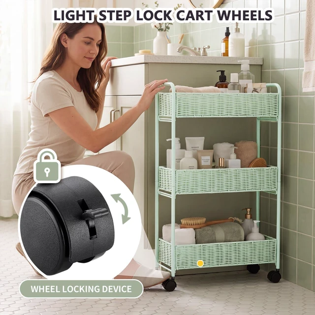 Alt view image 5 of 7 - Utility Slim Storage Cart,3-Tier Rolling Kitchen Office Laundry Room Cart with Wheels,Mobile Shelving Unit Organizer for Living Room,Bathroom, Baby Diaper,Art,Dining Room Narrow Places