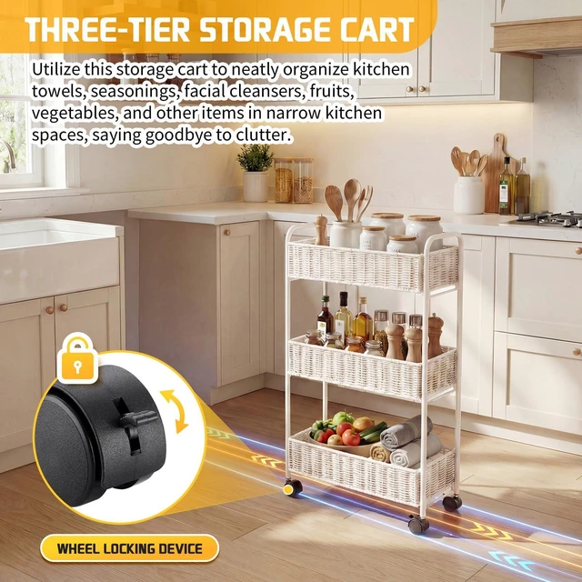 Alt view image 4 of 7 - Utility Slim Storage Cart,3-Tier Rolling Kitchen Office Laundry Room Cart,Mobile Shelving Unit Organizer for Living Room Bathroom Baby Diaper Narrow Places (White, UC-White-7.1inch)