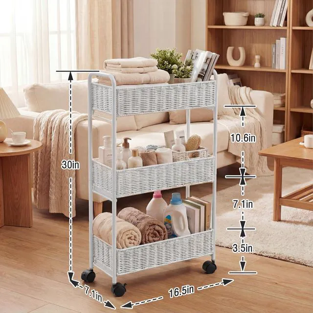 Alt view image 3 of 7 - Utility Slim Storage Cart,3-Tier Rolling Kitchen Office Laundry Room Cart,Mobile Shelving Unit Organizer for Living Room Bathroom Baby Diaper Narrow Places (White, UC-White-7.1inch)