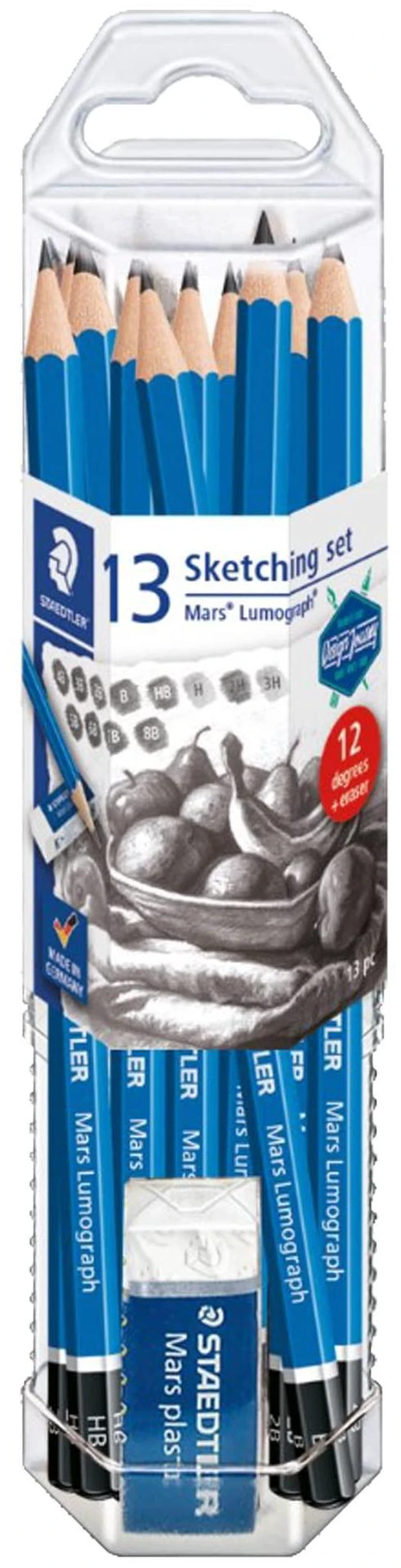 Main image of Mars Lumograph 13pc Drawing Pencils & Eraser Set: 12 Hardness Grades 8B-2H, Mars Plastic Eraser, Pre-sharpened, Art Supplies for Drawing, Shading, Drafting & Illustrating, All Skill Levels