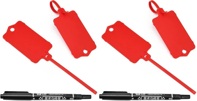 Main image of 100pcs Blank Plastic Tags for Labeling Reusable Hanging Tags Ties Key Tag Storage Labels Waterproof Plastic Mark Label Writable Hang Sign with One Marker Pen (Red) (Pack of 2)