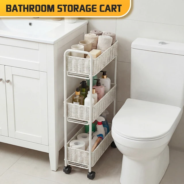 Alt view image 5 of 7 - Utility Slim Storage Cart,3-Tier Rolling Kitchen Office Laundry Room Cart,Mobile Shelving Unit Organizer for Living Room Bathroom Baby Diaper Narrow Places (White, UC-White-7.1inch)