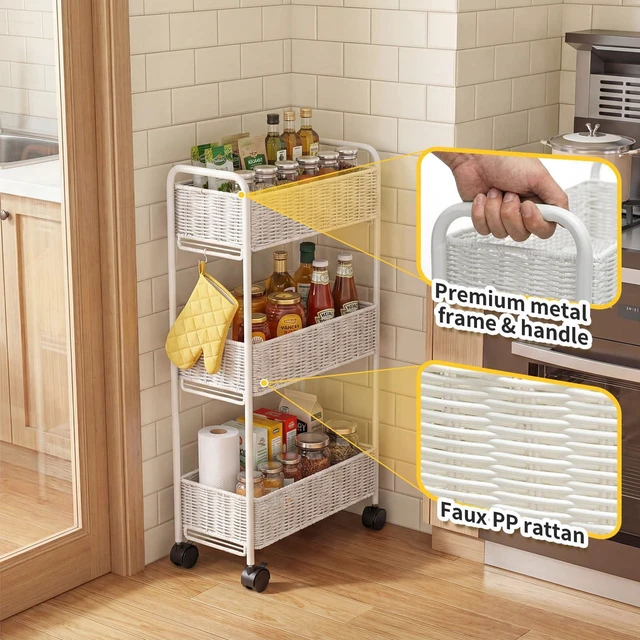 Alt view image 6 of 7 - Utility Slim Storage Cart,3-Tier Rolling Kitchen Office Laundry Room Cart,Mobile Shelving Unit Organizer for Living Room Bathroom Baby Diaper Narrow Places (White, UC-White-7.1inch)