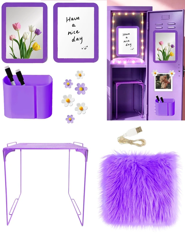 Main image of 14 Pcs Purple Locker Accessories Kit with Locker Shelf Locker Organizer for Girls, Magnetic Whiteboard Mirror Rug String Light Pen Holder Flower Magnets, Back to School Kit for Locker Decor Office