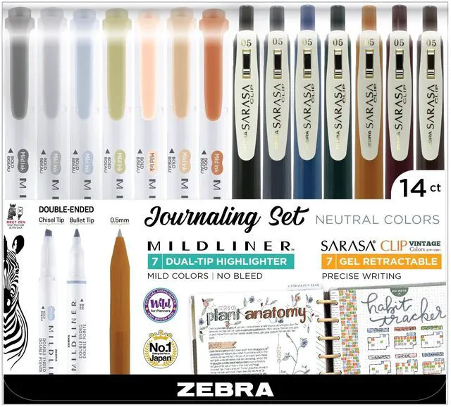 Main image of MILDLINER Highlighter & SARASA Clip Set, Neutral Vintage, 14-Pack Includes 7 SARASA Clip Vintage Gel Pens and 7 MILDLINER Neutral Highlighters, Ideal for Journaling and Note-Taking (10114)