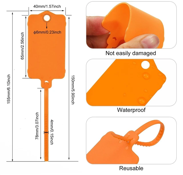 Alt view image 3 of 7 - 100pcs Blank Plastic Tags for Labeling Reusable Hanging Tags Ties Key Tag Storage Labels Waterproof Plastic Mark Label Writable Hang Sign with One Marker Pen (Orange) (Pack of 2)