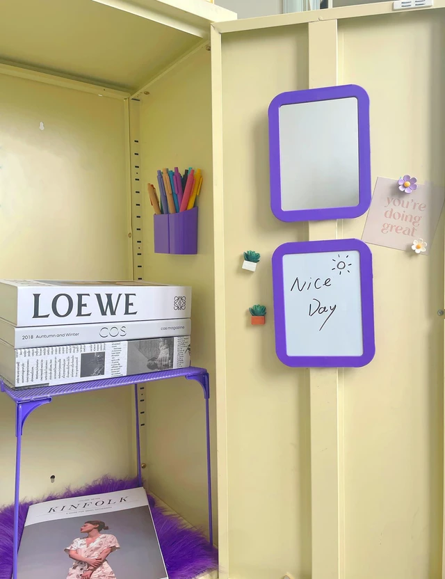 Alt view image 2 of 7 - 14 Pcs Purple Locker Accessories Kit with Locker Shelf Locker Organizer for Girls, Magnetic Whiteboard Mirror Rug String Light Pen Holder Flower Magnets, Back to School Kit for Locker Decor Office