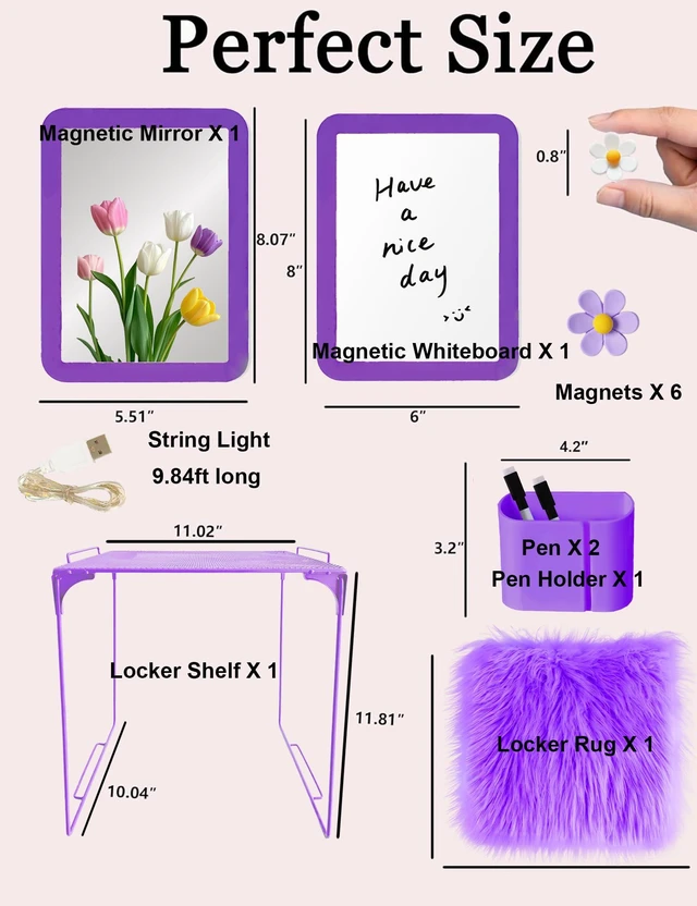 Alt view image 3 of 7 - 14 Pcs Purple Locker Accessories Kit with Locker Shelf Locker Organizer for Girls, Magnetic Whiteboard Mirror Rug String Light Pen Holder Flower Magnets, Back to School Kit for Locker Decor Office