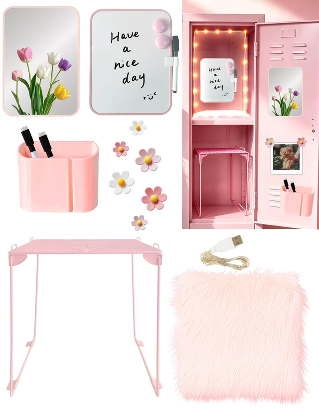Main image of 14 Pcs Pink Locker Accessories Kit with Locker Shelf Locker Organizer for Girls, Magnetic Whiteboard Mirror Rug String Light Pen Holder Flower Magnets, Back to School Kit for Locker Decor Office