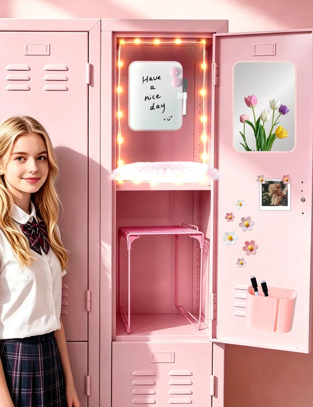 Alt view image 2 of 7 - 14 Pcs Pink Locker Accessories Kit with Locker Shelf Locker Organizer for Girls, Magnetic Whiteboard Mirror Rug String Light Pen Holder Flower Magnets, Back to School Kit for Locker Decor Office