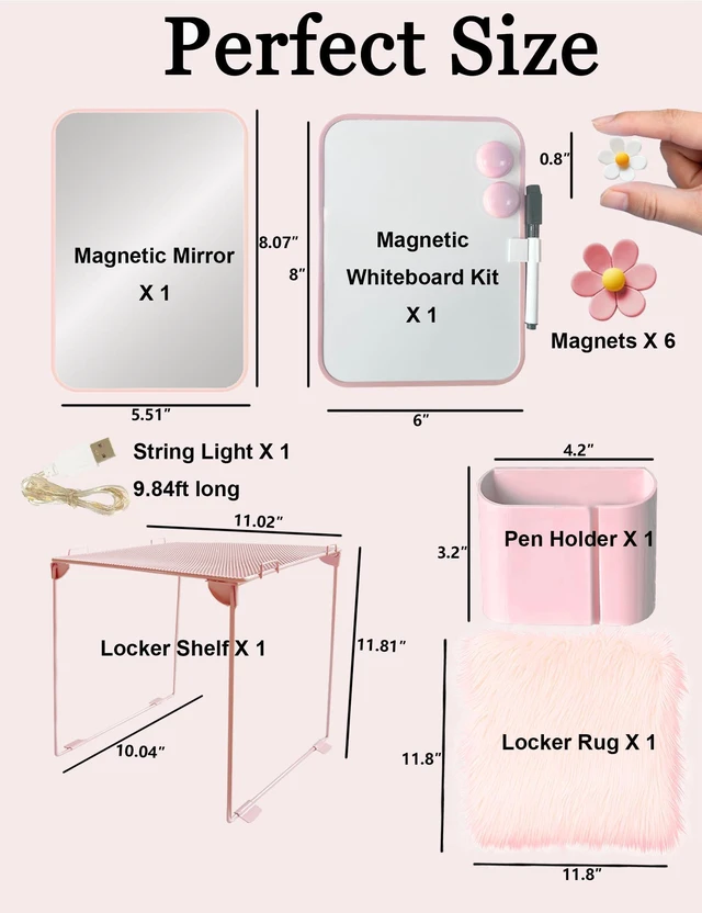 Alt view image 3 of 7 - 14 Pcs Pink Locker Accessories Kit with Locker Shelf Locker Organizer for Girls, Magnetic Whiteboard Mirror Rug String Light Pen Holder Flower Magnets, Back to School Kit for Locker Decor Office